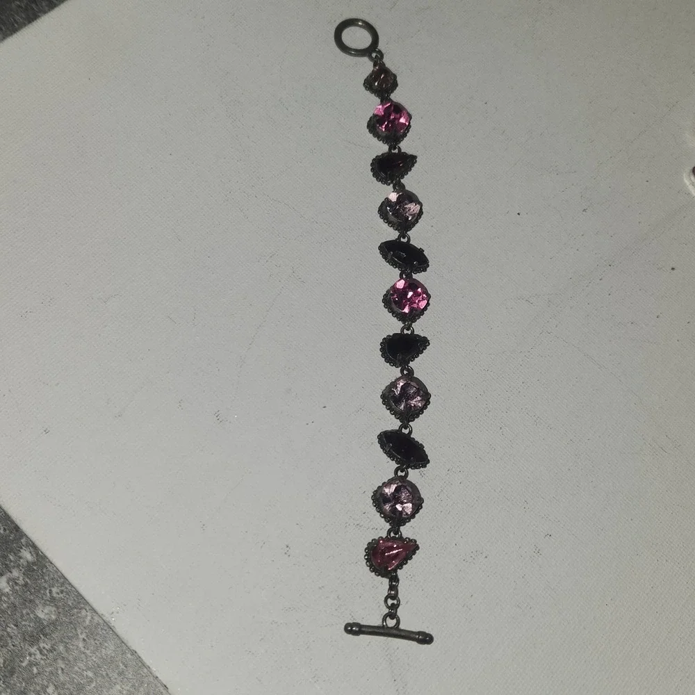 Vintage Style Pink purple Rhinestone Toggle Link Bracelet‎ Antiqued Silver Tone